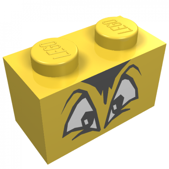 Brick 1 x 2 with Black and White Squinting Eyes and Hair Pattern