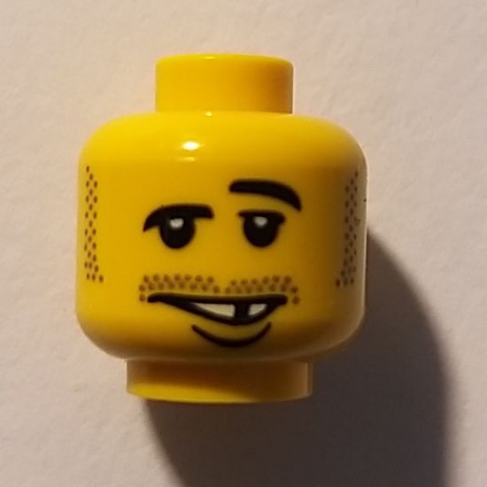 Minifigure, Head Moustache Raised Eyebrow, White Teeth with Missing Tooth and Lower Lip Pattern - Blocked Open Stud