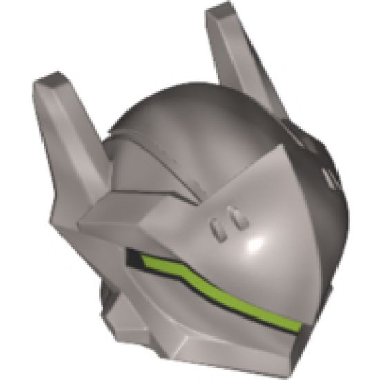 Minifigure, Headgear Helmet with Raised Visor, Long Ears and Hole in Back with Long Angular Lime Stripe Pattern