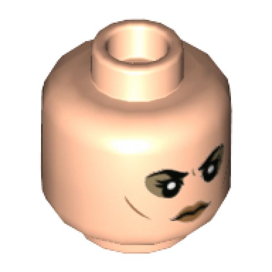 Minifigure, Head Dual Sided Female, Black Eyebrows, Dark Tan Around Eyes, Medium Nougat Lips, Neutral / Grin Pattern - Hollow Stud