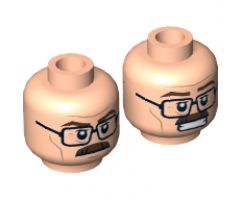 Minifigure, Head Dual Sided Black Glasses, Brown Moustache, Wrinkles, Mouth Closed / Clenched Teeth Pattern - Hollow Stud