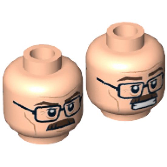 Minifigure, Head Dual Sided Black Glasses, Brown Moustache, Wrinkles, Mouth Closed / Clenched Teeth Pattern - Hollow Stud