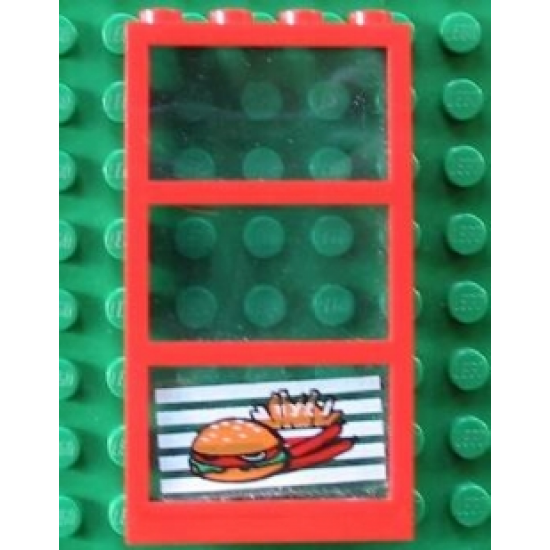 Window 1 x 4 x 6 Frame with 3 Panes, Fixed Glass with Trans-Light Blue Glass with Hamburger and French Fries Pattern (Sticker) - Set 4556