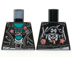 Torso Biker Vest, Coral and Silver Trim with Skull and Crossbones Pendant, White Shirt and Dark Turquoise Chest, Pirate Skull on Back Pattern