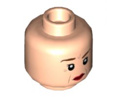 Minifigure, Head Dual Sided Female, Reddish Brown Eyebrows, Dark Orange Age Lines, Red Lips, Raised Right Eyebrow / Surprised Pattern - Hollow Stud