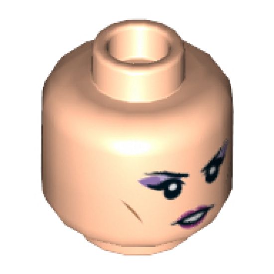 Minifigure, Head Dual Sided Female with Black Eyebrows, Purple Eye Shadow and Pink Lips, Neutral / Red Eyes Pattern - Hollow Stud