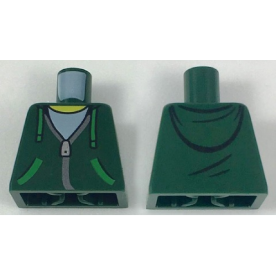 Torso Hoodie with Green Ties and Pockets, Silver Zipper over White Shirt and Hood on Back Pattern