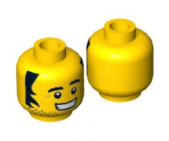 Minifigure, Head Beard Stubble, Black Bushy Eyebrows, Sideburns, Crow's Feet, Grin with Teeth Pattern - Hollow Stud