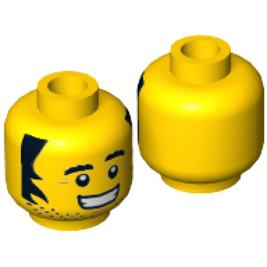 Minifigure, Head Beard Stubble, Black Bushy Eyebrows, Sideburns, Crow's Feet, Grin with Teeth Pattern - Hollow Stud