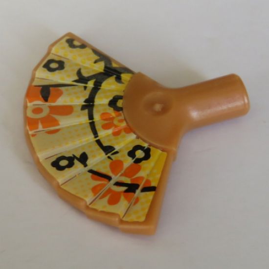 Minifigure, Utensil Hand Fan with Orange and Black Flowers on Yellow Background Pattern