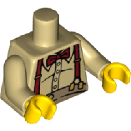 Torso Button Shirt over Fat Stomach with Dark Red Bow Tie and Suspenders Pattern / Tan Arms / Yellow Hands