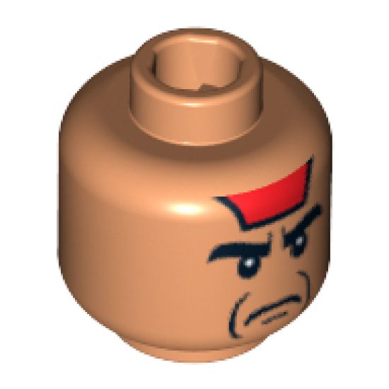 Minifigure, Head Male Angry Black Eyebrows, Red Paint on Forehead, Jowl Lines Pattern - Blocked Open Stud