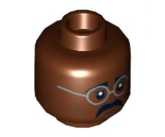 Minifigure, Head Dual Sided Glasses Silver Frames, Black Moustache, Closed Mouth / Open Mouth Clenched Teeth Pattern - Hollow Stud