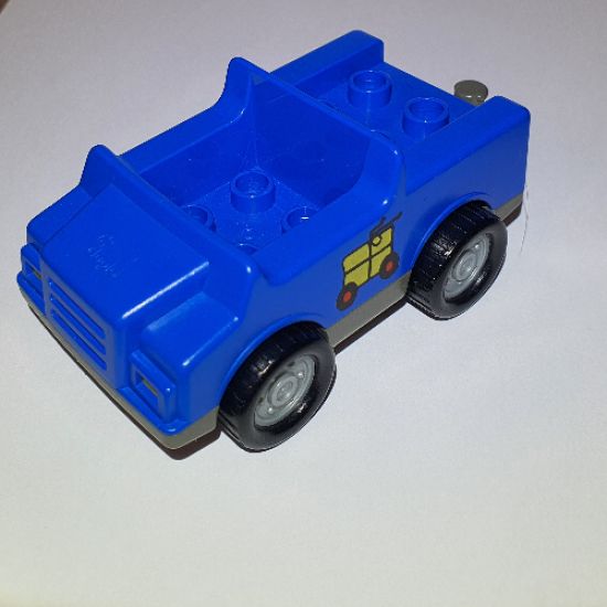 Duplo, Vehicle Car with 2 x 2 Studs and Dark Gray Base and Yellow Package on Wheels Pattern