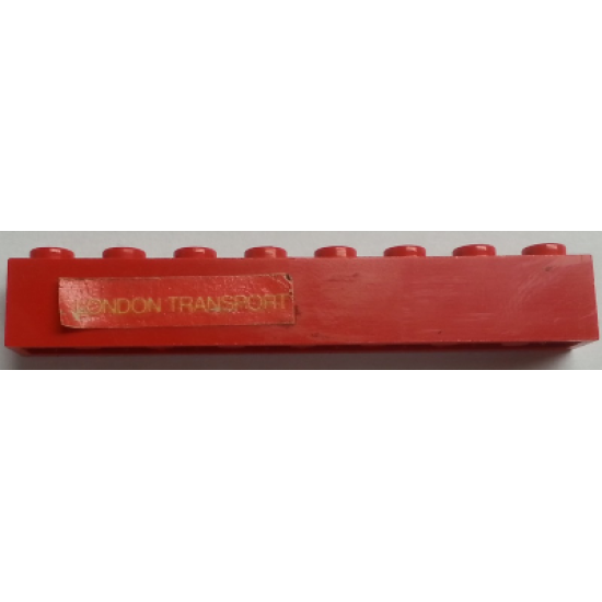 Brick 1 x 8 with Yellow 'LONDON TRANSPORT' Text on Red Background Pattern Model Left Side (Sticker) - Sets 384 / 760-2