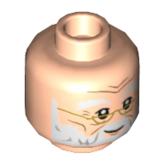 Minifigure, Head Dual Sided White Eyebrows and Beard, Gold Glasses, Grin / Smile with Teeth Pattern - Hollow Stud