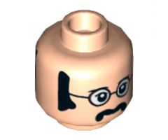 Minifigure, Head Dual Sided Black Glasses with White Lenses, Sideburns and Moustache, Neutral / Smiling Pattern (John) - Hollow Stud