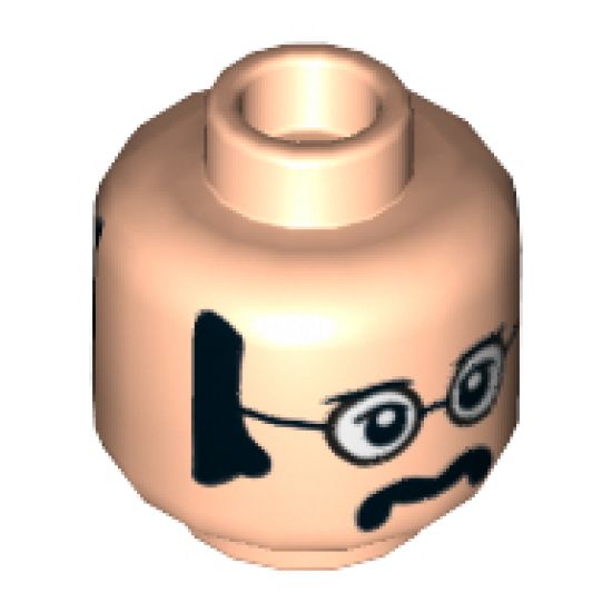 Minifigure, Head Dual Sided Black Glasses with White Lenses, Sideburns and Moustache, Neutral / Smiling Pattern (John) - Hollow Stud