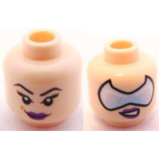 Minifigure, Head Dual Sided Female Purple Lips with Smirk and Glasses / Arched Eyebrows and Eyelashes Pattern - Blocked Open Stud