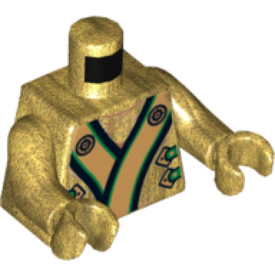 Torso Ninjago Robe with Black, Green and Gold Sash and Lion Head on Back Pattern / Pearl Gold Arms / Pearl Gold Hands