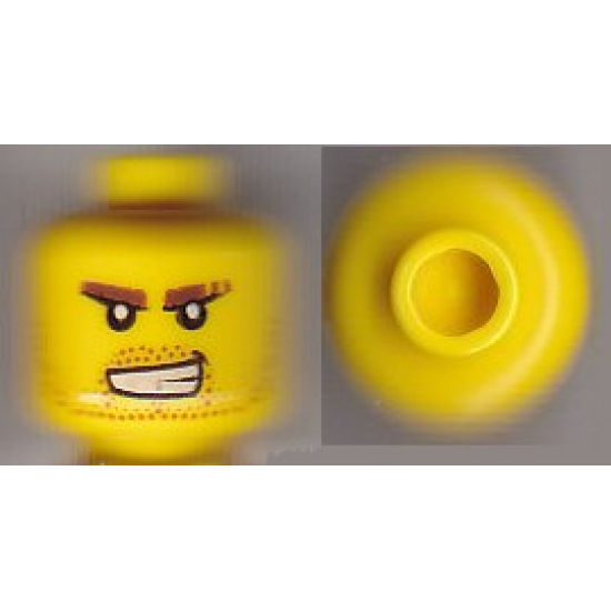Minifigure, Head Beard Stubble, Brown Eyebrows, Bared Teeth, White Pupils Pattern - Hollow Stud