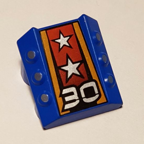 Brick, Modified 2 x 2 No Studs, Sloped with 6 Side Pistons Raised and '30', Silver Stars Pattern
