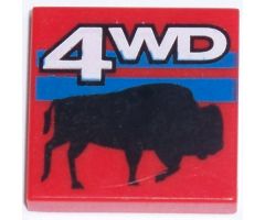 Tile 2 x 2 with White '4WD', Blue Stripes, Black Bison / Buffalo Pattern