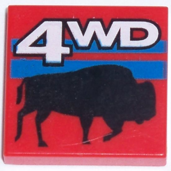 Tile 2 x 2 with White '4WD', Blue Stripes, Black Bison / Buffalo Pattern