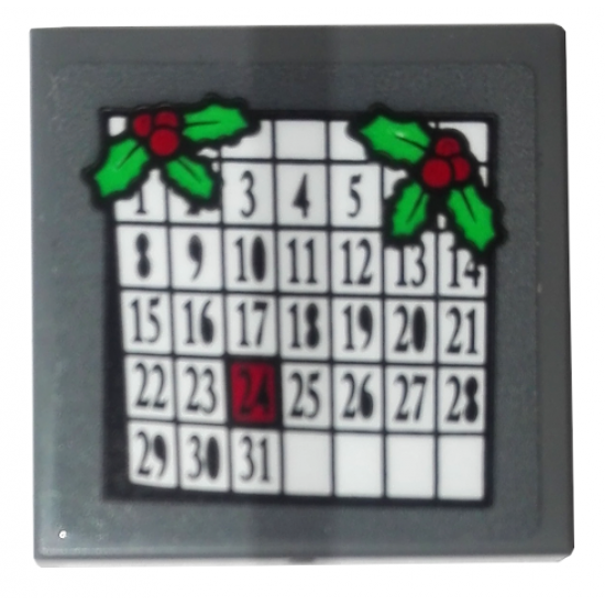 Tile, Modified 2 x 2 Inverted with December Calendar and 2 Holly Sprigs Pattern (Sticker) - Set 10263
