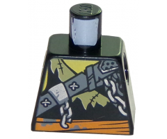 Torso Ninjago Broken Chain, Olive Green Stitched Tattered Shirt Fragment, Orange Sash Pattern