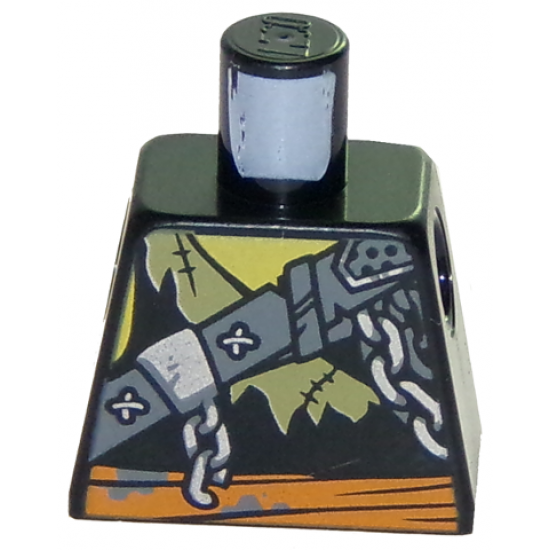 Torso Ninjago Broken Chain, Olive Green Stitched Tattered Shirt Fragment, Orange Sash Pattern