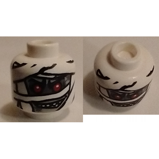 Minifigure, Head Alien with Red Eyes and Glow In Dark Mummy Wrapping Pattern - Hollow Stud