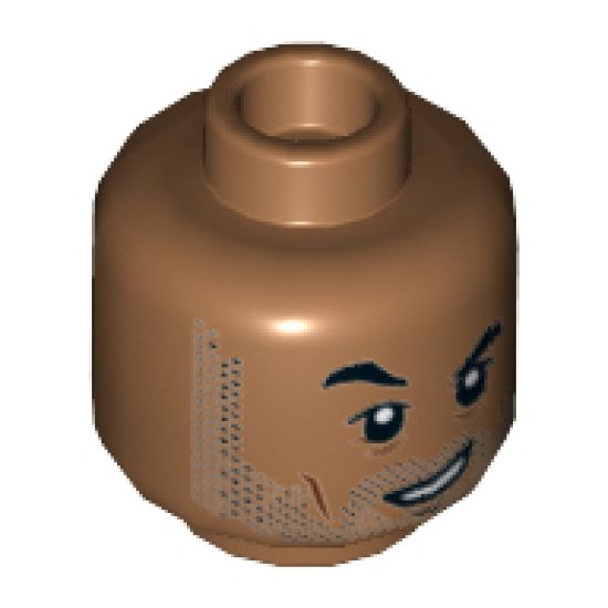 Minifigure, Head Dual Sided Black Eyebrows and Stubble, Raised Right Eyebrow / Open Mouth Smile Pattern - Hollow Stud