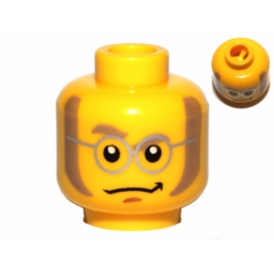 Minifigure, Head Glasses with Silver Round Frames, Dark Tan Sideburns Pattern - Blocked Open Stud