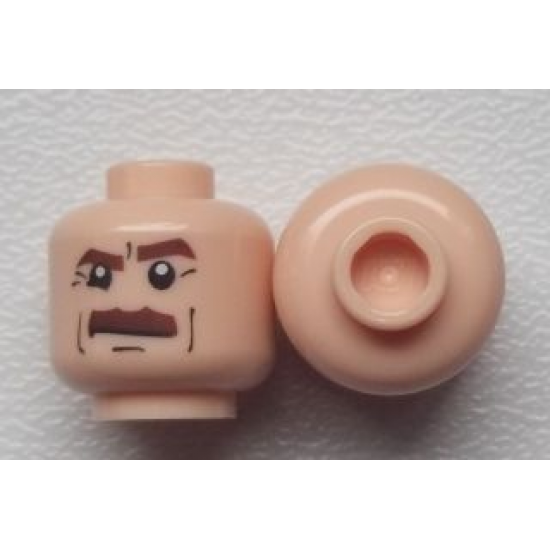 Minifigure, Head Moustache Brown Bushy, Brown Eyebrows, White Pupils Pattern - Hollow Stud