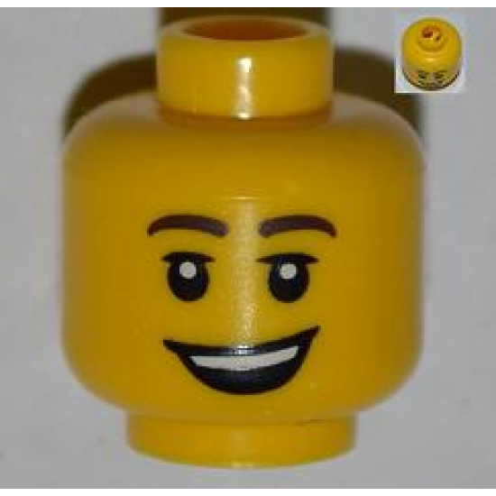 Minifigure, Head Male Brown Eyebrows, Eyelashes, Open Lopsided Smile and Teeth Pattern - Blocked Open Stud