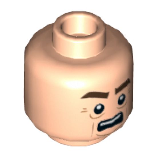 Minifigure, Head Male Brown Thick Eyebrows, Lines under Eyes, Cheek Lines and Open Mouth with Teeth Pattern (Victor) - Hollow Stud