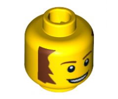 Minifigure, Head Male Brown Bushy Sideburns, Thin Eyebrows, White Pupils and Open Mouth Smile Pattern - Blocked Open Stud