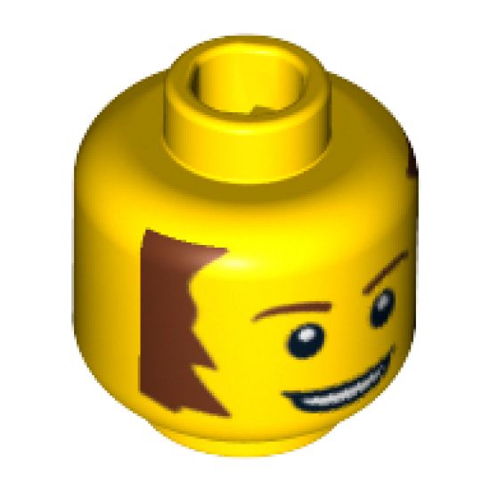 Minifigure, Head Male Brown Bushy Sideburns, Thin Eyebrows, White Pupils and Open Mouth Smile Pattern - Blocked Open Stud