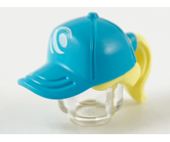 Minifigure, Hair Combo, Hair with Hat, Ponytail with Medium Azure Ball Cap and White Wave Logo Pattern