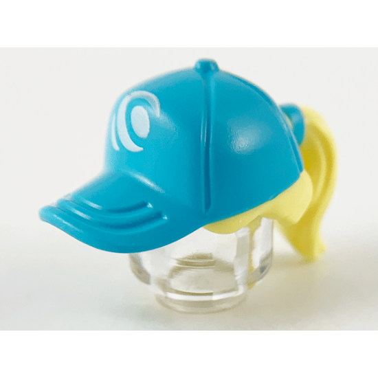 Minifigure, Hair Combo, Hair with Hat, Ponytail with Medium Azure Ball Cap and White Wave Logo Pattern