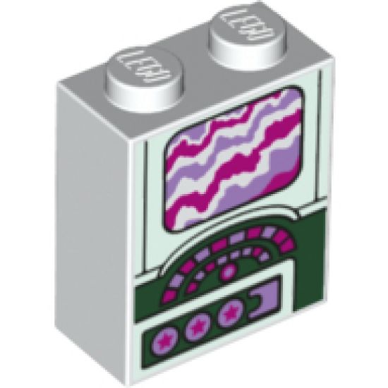 Brick 1 x 2 x 2 with Inside Stud Holder with Magenta and Medium Lavender Screen, Buttons and Stars on Light Aqua and Dark Green Panels Pattern