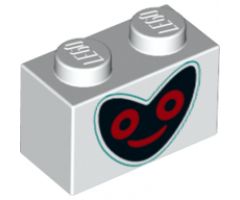 Brick 1 x 2 with Black Heart Shape Face with Dark Turquoise Outline and Red Outlined Eyes and Mouth Pattern
