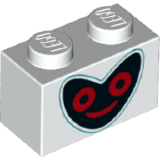 Brick 1 x 2 with Black Heart Shape Face with Dark Turquoise Outline and Red Outlined Eyes and Mouth Pattern