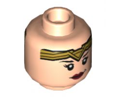 Minifigure, Head Dual Sided Female Gold Tiara, Black Eyebrows, Eyelashes, Red Lips, Lopsided Smile / Angry Pattern - Hollow Stud