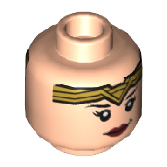 Minifigure, Head Dual Sided Female Gold Tiara, Black Eyebrows, Eyelashes, Red Lips, Lopsided Smile / Angry Pattern - Hollow Stud