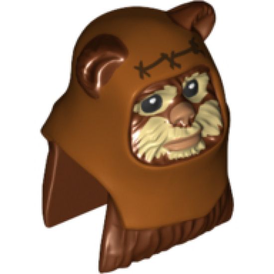 Minifigure, Head, Modified SW Ewok with Dark Orange Hood with Reddish Brown Stitching and Tan Face Paint Pattern