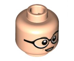 Minifigure, Head Female Dark Tan Eyebrows, Large Black Round Glasses, Peach Lips Pattern - Hollow Stud