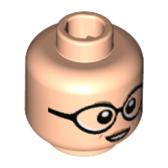 Minifigure, Head Female Dark Tan Eyebrows, Large Black Round Glasses, Peach Lips Pattern - Hollow Stud