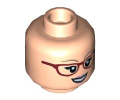 Minifigure, Head Dual Sided Female Glasses Red Angled Frames, Dark Tan Eyebrows with Open Smile / Angry Pattern (Bernadette) - Hollow Stud